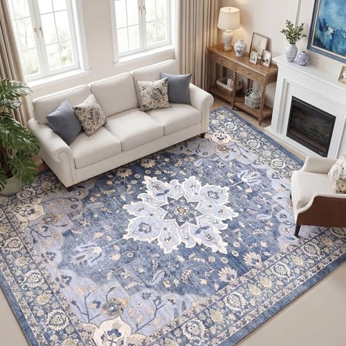 9x12 Area Rugs for Living Room, Machine Washable Boho Vintage Rug, Waterproof Surface & Non-Slip Backing, Foldable Soft Low Pile Floral Medallion Carpet for Bedroom Dining Room - color: Blue/Cream, size: 9' x 12' (Rectangular)