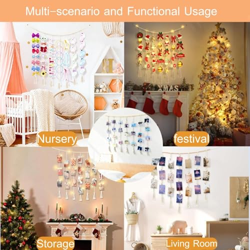 Macrame Hanging Photo Display Wall Decor, Bohemian Style,Picture with String Lights, Featuring a 30-Clip Teen Girl College Bedroom Living Room Classroom