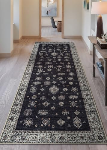 Bloom Rugs Washable Non-Slip 12 ft Runner - Black/Ivory Traditional Runner for Entryway, Hallway, Bathroom, and Kitchen - Exact Size: 2.5' x 12' - color: Black / Ivory, size: 2'6" x 12' (Runner)