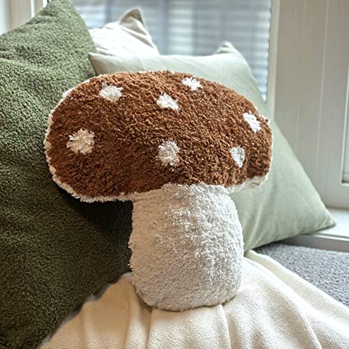 Mushroom Throw Pillow Tufted Shape Decorative Cushion 15” x 15” – Decor for Bed, Couch, Living Room (Brown) - color: Brown