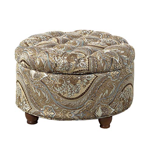 Homepop Home Decor |N8264-F1044 | Large Button Tufted Woven Round Storage Ottoman | Ottoman with Storage for Living Room & Bedroom, Traditional Paisley - color: Brown and Teal