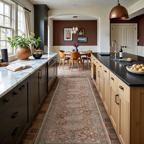 Bavni Washable Runner Rug 2’6”x10’, Non Slip Long Hallway Runner, Vintage Aesthetic Ultra Thin Low Pile Washable Carpet for Kitchen Bedroom, Brick - color: Brick, size: 2'6" x 10' (Rectangular)