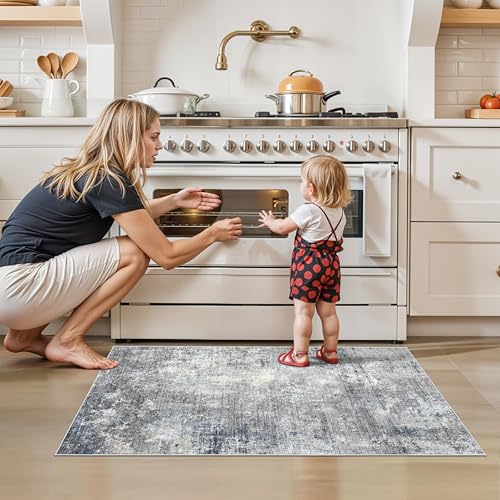 2x4 Runner Rug Washable Non-Slip – Small Throw Rug for Kitchen Floor, Bedroom, Entryway, Bathroom, Bedside – Modern Abstract Neutral Low-Pile Thin Indoor Door Mat（Blue Grey,2x4） - color: Blue Gray, size: 2' x 4' (Rectangular)