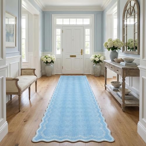 GarveeHome 2.6x10 Scalloped Washable Runner Rug for Kitchen, Soft Blue Long Hallway Runner Non Slip Entryway Rug Farmhouse Thin Laundry Mat Stain Resistant Carpet for Bathroom Beside Rug - color: Baby Blue, size: 2'6" x 10' (Rectangular)