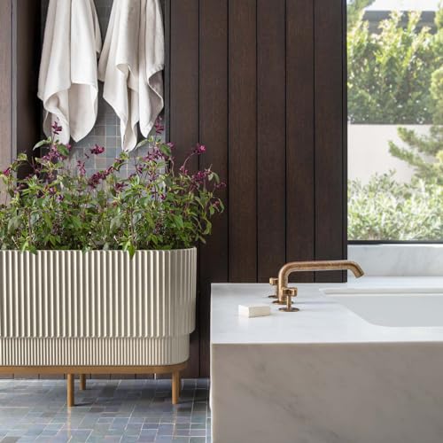 Veradek Demi Series Raised Long Planter for Indoor/Outdoor Use | Made from Plastic & Stone w/Wooden Stand | Modern Patio Décor for Flowers/Shrubs - color: Sand/Brown, size: 30 inch