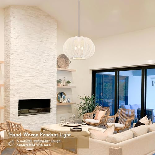 17.7 Inch Rattan Pendant Light White Hemp Rope Rattan Light Fixture Wicker Chandelier Woven Pendant 3-Light Boho Chandelier for Kitchen Island - color: 17.7" White