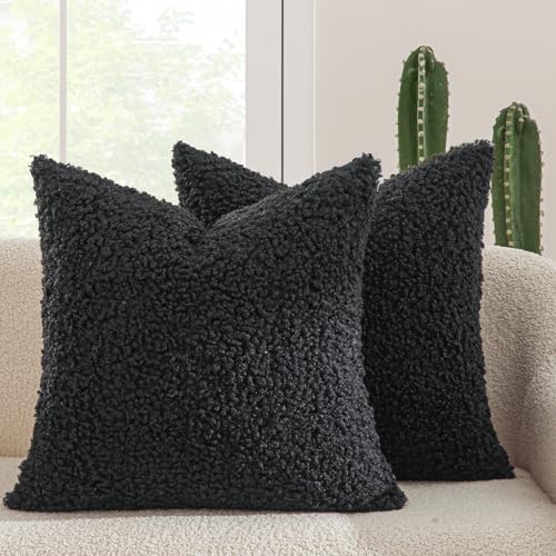 MIULEE Pack of 2 Throw Pillow Covers 18x18 Inch Neutral Black Faux Fur Decorative Sherpa Pillow Covers Fuzzy Accent Soft Sheepskin Fleece Cushion Cases for Boho Home Decor Couch Living Room Bed - color: Black, size: 18" x 18" (Pack of 2)