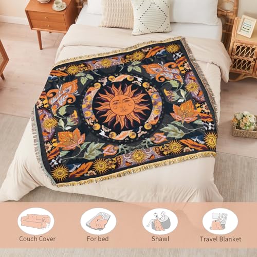 Boho Throw Blanket Reversible Cotton Bohemian Tapestry Hippie Room Decor Outdoor Blanket Double Sided (Boho Sun Black 50"x60") - color: Boho Sun 5, size: 50*60 inch