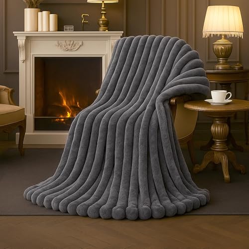 Amélie Home Faux Fur Throw Blanket for Couch, Cozy Fuzzy Fluffy Fur Luxurious Soft Striped Plush Gift Blankets for Family Sofa Chair Bedroom, 55"x70", Charcoal Grey - color: Striped Charcoal Gray, size: Throw(55"x70")
