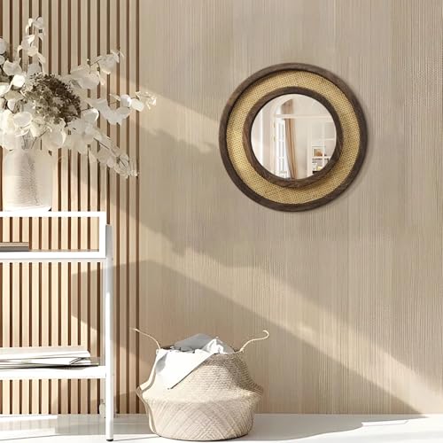 JJUUYOU Circle Wall Mirror with Retro Wood Frame Round Rattan Mirrors Decorative for Bedroom Living Room Bathroom Entryway Hallway Hanging 16 Inch - color: Round Mirror-dark Brown, size: 16"L x 16"W