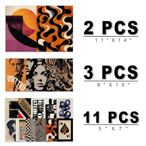 ANERZA 16 PCS Retro 70s Wall Art Decor, Eclectic Vintage Gallery Wall Prints for Bedroom, Abstract Minimalist Posters for Living Room Aesthetic, Collage Kit Pictures, 60s 80s 90s Dorm Home Decor - color: Orange, size: 11"x14" Unframed