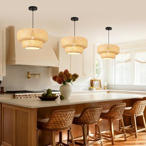 Farmhouse Bamboo Pendant Lights 13.8" Coastal Natural Rattan Wicker Chandelier Light Hand-Woven Dining Room Lighting Fixture for Kitchen Island Living Room Bedroom Restaurant Foryer - color: Beige-13.8IN