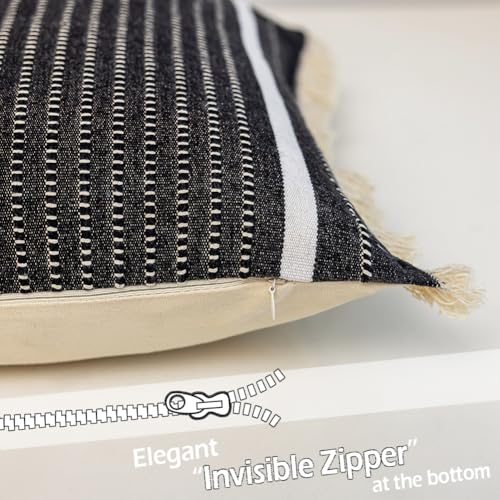CARRIE HOME Modern Farmhouse Black and White Striped Pillow Cover 18x18 with Tassels 1 Pack, Black Throw Pillows for Couch Room Decor, Black Boho Decorative Cotton Woven Accent Pillow Covers 18 x 18 - color: Black (With Tassels), size: 18" x 18" (Pack of