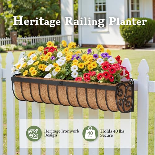 VOXOR Railing Planter Boxes, 30 Inch Window Boxes Planters, Balcony Planters with Adjustable Brackets & Coco Liner for Outdoor Fence, Deck, Porch, and Patio Gardening, 2 Pack - size: 30 Inch