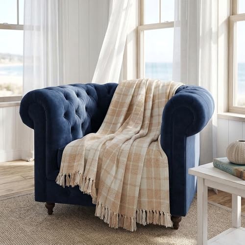 Americanflat 50x60 Throw Blanket - Soft and Breathable Cotton Throw Blanket for Couch, Bed, Chair - Decorative Blankets Perfect for Home, Office, or Outdoor Use - Ecru Camel Plaid Design - color: Ecru Camel Plaid