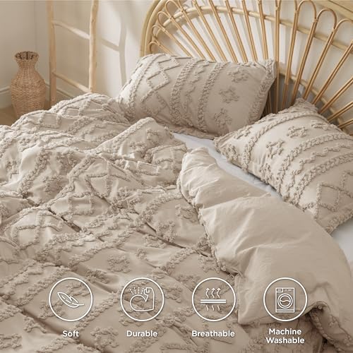 Bedsure Boho Duvet Cover King Size, Soft & Comfortable Elegant Design Boho Bedding for Decoration, Machine Washable Comforter Cover for All Seasons,Includes 1 Duvet Cover & 2 Pillow Shams,Khaki - color: 07 - Khaki - Elegant (No Comforter), size: King (104