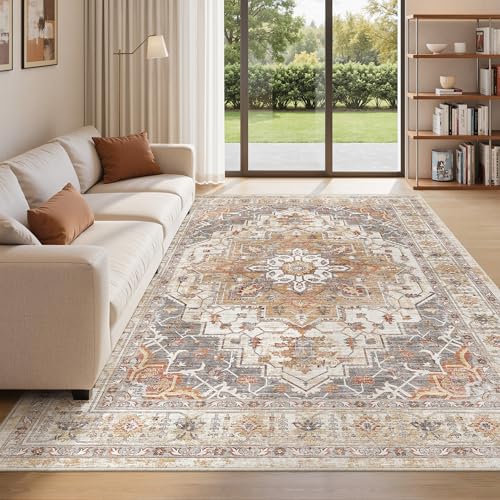befbee 5x7 Area Rugs for Living Room,Stain Resistant Washable Rug,Non-Slip Backing Rugs for Bedroom,Kitchen,Printed Vintage Home Decor Rug (Turmeric/Grey, 5'x7') - color: Turmeric/Grey, size: 5' x 7' (Rectangular)