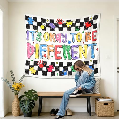 gsgfdshf It's Okay to Be Different Inspirational Wall Tapestry, Autism Awareness Positive Affirmations Tapestry Wall Hanging for Therapy Office Classroom Playroom Decor, 50x60 Inch - color: Landscape Text-Tapestry-E