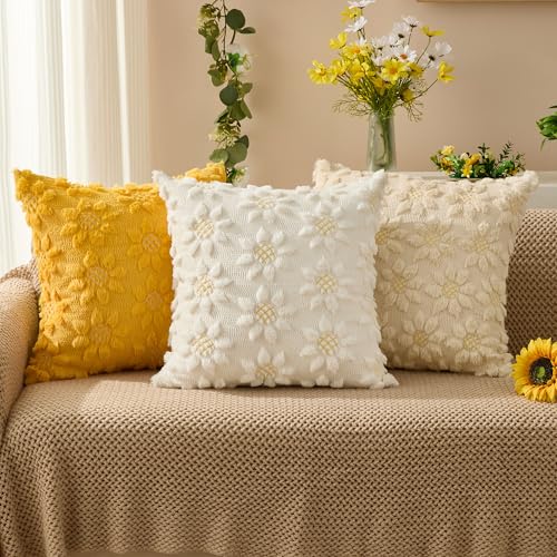 DFXSZ Spring Summer Pillow Covers 16x16 inch Set of 2 Farmhouse Decor Yellow Color Flower Heart Sunflower Soft Plush Faux Fur Jacquard Throw Pillows for Sofa Holiday Spring Home Decor PTK024C16 - color: Cream White, size: 16" x 16" (Pack of 2)