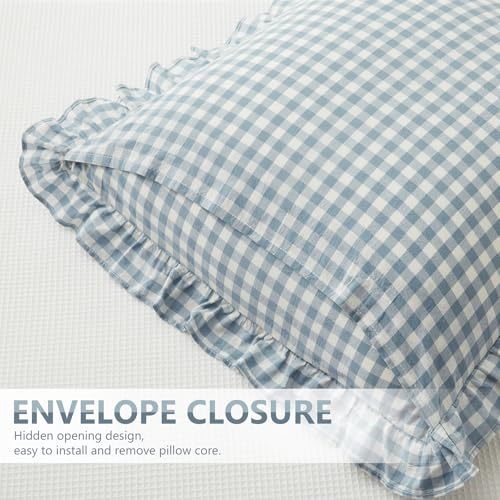 KKJIAF Ruffle Gingham Pillow Covers 26 x 26 Inches, Cotton Plaid Throw Pillow Shams Set of 2, Linen Feel Ruffled Plaid Pillow Cases with Envelope Closure for Sofa Bed (Dusty Blue Plaid) - color: Dusty Blue Plaid, size: 26" x 26" (Pack of 2)