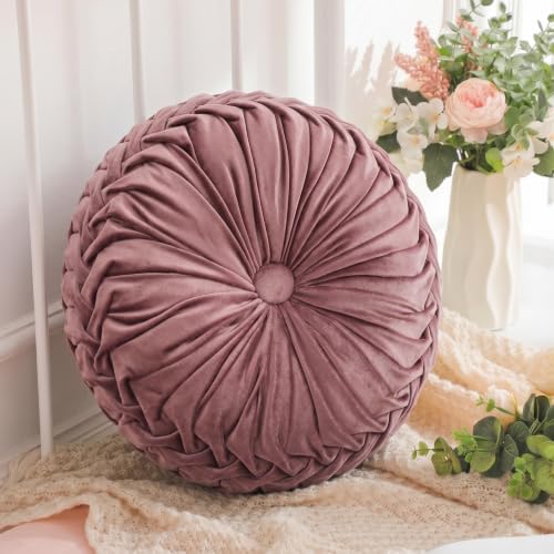 Drydiet 1 Pcs Round Throw Velvet Pillows Decorative Pleated Throw Pillows Diameter Accent Pumpkin Boho Chair Cushion for Couch Sofa Home Decoration (Dusty Rose,15'') - color: Dusty Rose, size: 15''