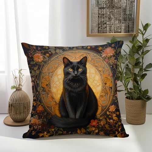 YOU FOUND ME William Morris Abstract Vintage Black Cat Design Throw Pillow Cover Home Decor, Art Decor Pillowcase Cushion Cover for Bed Sofa Living Room, Indoor and Outdoor 18x18inch (Black Cat3) - color: Black Cat3