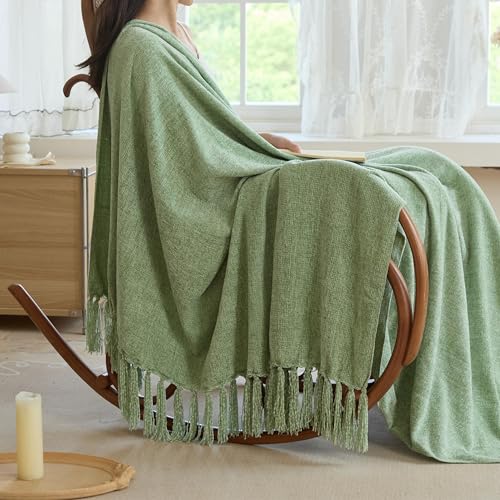 Simple&Opulence Soft Chenille Throw Blanket 50'' x 60'' - Cozy Fluffy Blanket with Fringe Tassel, Farmhouse Boho Blankets for Couch Bed Office Chair Gift Home Decor All Season Use,Sage Green - color: Sage Green