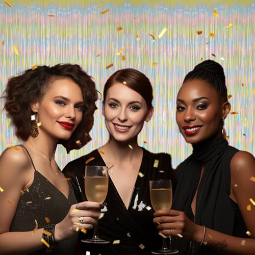 DECOCKRAT 2 Pack Foil Fringe Backdrop - Pastel Rainbow Shiny Tinsel Curtains for Party Decoration/Photo Booth Props - 3.3x6.6 FT Metallic Foil Backdrop for Birthday, Wedding, Graduation, Christmas. - color: Pastel Rainbow
