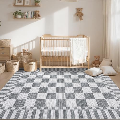 GarveeHome Grey Checkered Rug 6×9 Area Rugs for Living Room，Non-Slip Washable Rug Soft Low-Pile, Modern Farmhouse Geometric Rugs for Bedroom Dining Room - color: Grey, size: 6' x 9' (Rectangular)