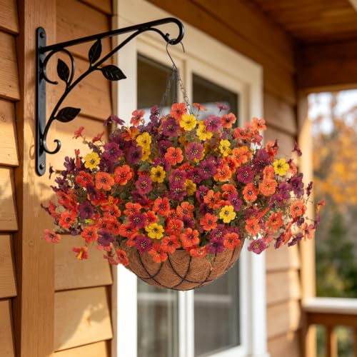 Fake Mums Artificial Fall Flowers with Hanging Baskets Outdoors for Decoration Faux mums for outdoor planters Daisy Flower with Eucalyptus Leaves for Porch Home Patio Balcony and Yard Autumn Decor - color: Orange Brown Yellow