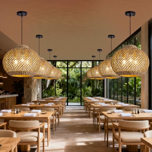 17" Farmhouse Rattan Chandelier 3-Lights Large Natural Wicker Pendant Light Boho Round Hand-Woven Seagrass Dining Room Lighting Fixture for Living Room Entry Bedroom Cafe Kitchen Island - color: Brown-17"-3-lights