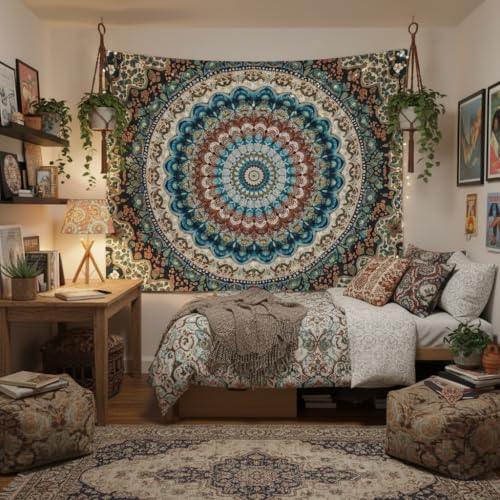 Motanber Boho Mandala Tapestry Wall Hanging Bohemian Medallion Tapestry Aesthetic Vintage Floral Hippie Indian Cool Small Tapestries for Bedroom Living Room Dorm Decor 60 x 44 Inch - color: Blue Beige, size: 60"L x 44"W