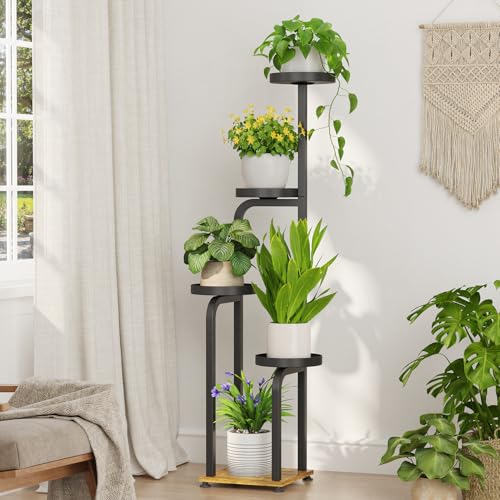 iDavosic.ly Tall Plant Stand Indoor, 4 Tier Corner Multiple Flower Holder Shelf with Metal Trays, Space Saving Display Rack for Living Room Balcony Patio Porch Outdoor | Black & Brown - color: Black