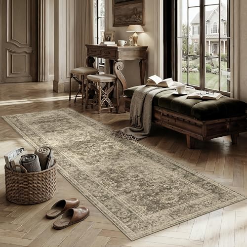 2x8 Washable Runner Rug for Kitchen Hallway Brown Vintage Non-Slip Low Pile Distressed Rustic Carpet Soft Long Throw Rug for Indoor Entryway Bedroom - color: Retro | Brown, size: 2' x 8' (Runner)