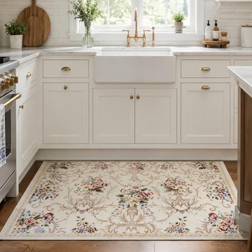 Helthep 5x7 Vintage Floral Area Rug, Washable Low Pile Rug for Living Room, Pet Friendly Easy Clean Non Slip Rug, Soft Farmhouse Boho Rug for Bedroom Dining Room Home Office - color: White, size: 5' x 7' (Rectangular)