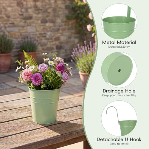 HowRU Hanging Flower Pots, Railing Planter Box for Outdoor Plants 12 Pack 5 Inch Metal Hanging Planters with Detachable Hooks Balcony Window Fence Garden Decoration Flower Boxes (Green) - color: Green(5in)
