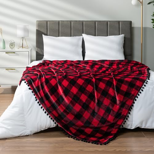 PAVILIA Black Red Fleece Throw Blanket for Couch with Pom Pom Fringe, Buffalo Checkered Plaid, Soft Cozy Fuzzy Flannel Blanket for Sofa Bed, Lightweight Plush All Season Throw, 50x60 Inches - color: Checkered Red, size: 50"x60"