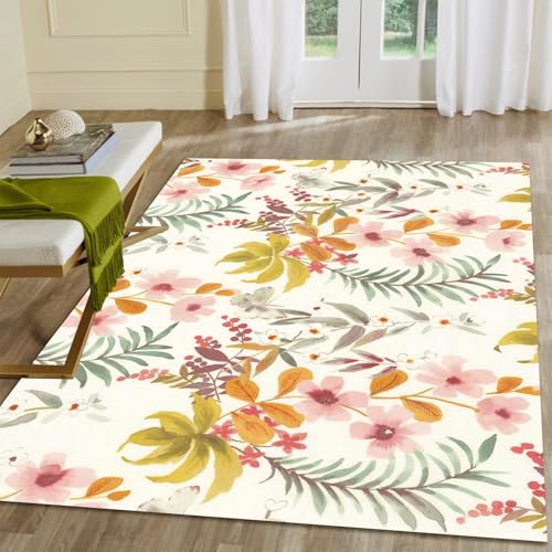 Boho Floral 1.5 x 2.5ft Area Rug for Bedroom Non Slip, Washable Rug for Living Room Ultra-Thin Dining Room Rugs for Under Table, Vintage Print Soft Floor Rug for Entryway Office - color: Golden Yellow and Peach, size: 1.5 x 2.5ft / 18 x 30in / 45 x 75cm