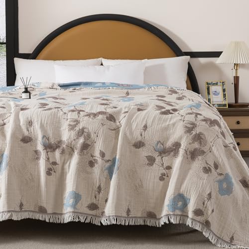 Lemfux 4-Layer 100% Cotton Muslin Cooling Blanket, Boho Floral Gauze Throw with Fringe, Ultra Soft Breathable Lightweight Bedspread Coverlet for Bed Sofa Couch - color: Dusty Blue Floral, size: 80"x90"