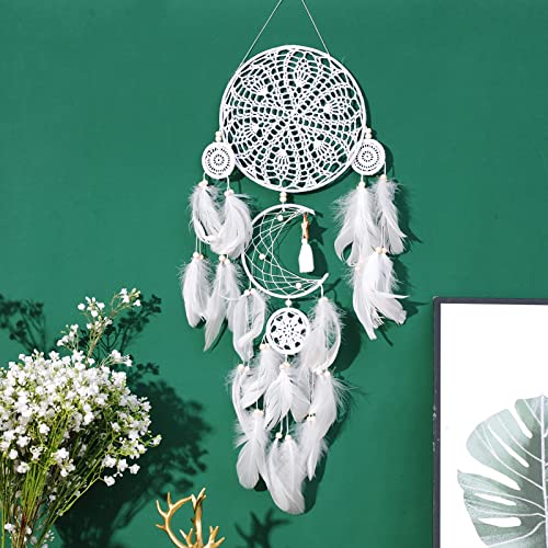 Dream Catchers Boho Wall Decor - Handmade Moon and Sun Feather Dreamcatcher Set, Traditional Native American Wall Hanging for Kids Bedroom, Adult Living Room, Home Bohemian Decor (White, 5 pcs) - color: White