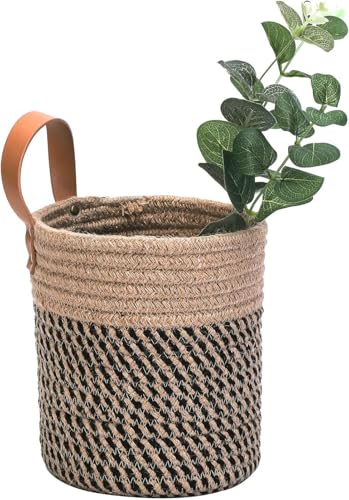 2pack Small Hanging Baskets-Cotton Rope Wall Basket with Handle, Hanging Storage Basket, Shelf Baskets Storage Bin Closet Organizer - 6.3" x 7", Woven Plant Basket (Jute-black) - color: Jute-black