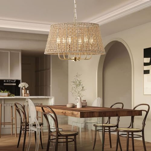 20" Rattan Large Boho Chandelier Ceiling Light Fixture, 6-Light Farmhouse Wicker Hand-Woven Chandelier Rattan Ceiling Pendant Light Fixture for Dining Room Bedroom Hallway Kitchen Island(Gold) - color: Gold 6-Light 20" T-Shape