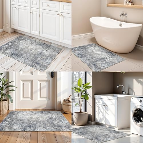 2x3 Washable Non-Slip Rug – Modern Abstract Neutral Small Throw Area Rug for Kitchen, Entryway, Bedroom – Soft Low Pile Thin Indoor Door Mat（Blue Grey,2x3） - color: Blue Gray, size: 2' x 3' (Rectangular)