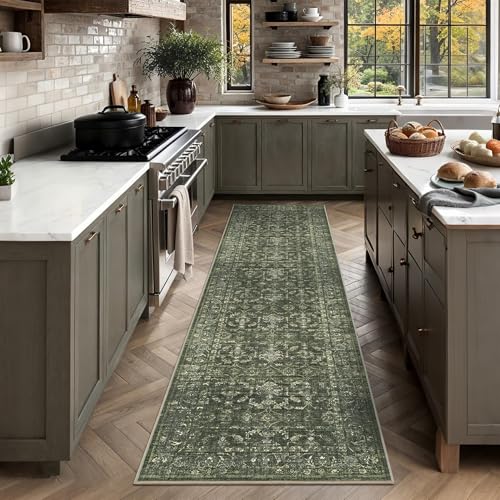 2x8 Green Runner Rug Hallway Washable Area Rugs Kitchen Vintage Boho Non Slip Long Rug Floral Carpet Indoor Retro Soft Low Pile Throw Rug for Bedroom Bathroom Laundry Dining Living Room Office - color: Dark Green, size: 2' x 8' (Runner)