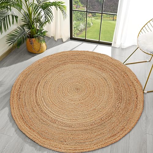 Hand Woven Jute Area Rug - 7' Round - Rustic Beige Reversible Farmhouse Rugs for Living Room, Bedroom, Kitchen - Vintage Natural Braided Entry Floor Décor Circle Boho Round Rugs 7ft - color: Natural 1, size: 7' (Round)