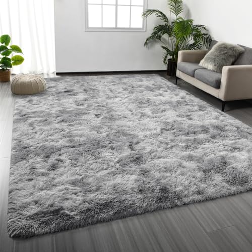Deerhoo Large Shag Area Rugs 8 x 10, Tie-Dyed Plush Fuzzy Rugs for Living Room, Ultra Soft Fluffy Furry Rug for Bedroom, Indoor Carpet Nursery Rugs for Kids Room Home Decor, Light Grey - color: Tie-dyed Light Grey, size: 8' x 10' (Rectangular)