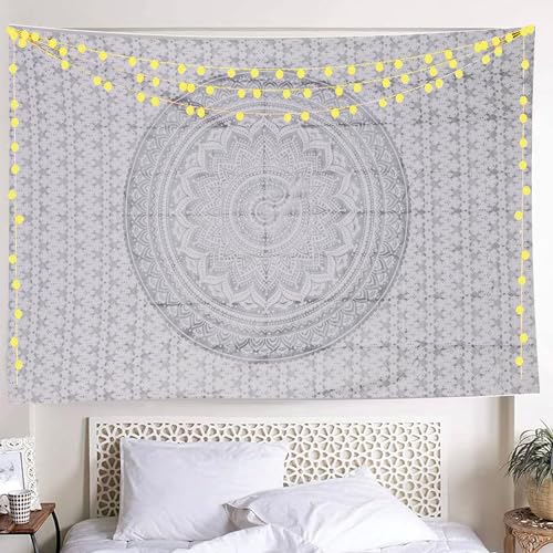 THE ART BOX Glittering Silver Grey Tapestry Wall Hanging Mandala – Bohemian Room Decor – Cotton Throw Tapestry – Medium Bedspread 54x60 Inches - color: Silver and White, size: 54"L x 60"W