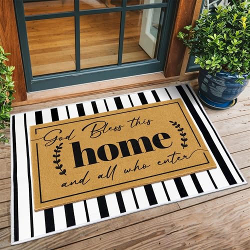 2 Pcs Coir Door Mat Welcome Mats for Front Door Black White Striped Layering Rug for Porch Outdoor Entrance Doormats Non Slip God Bless Matt for Religious Gifts Christian Rugs for Patio 23.6"x35.4" - color: 2 Pcs Coir Home