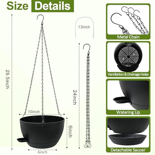 WOUSIWER Self Watering Hanging Planters, 2 Pack 10'' Plastic Pots with Drainage Holes & Reservoir Tray (Black) | Indoor & Outdoor Use for Ferns, Ivy, Herbs, Succulents - color: Black, size: 2 Pack 10 inches