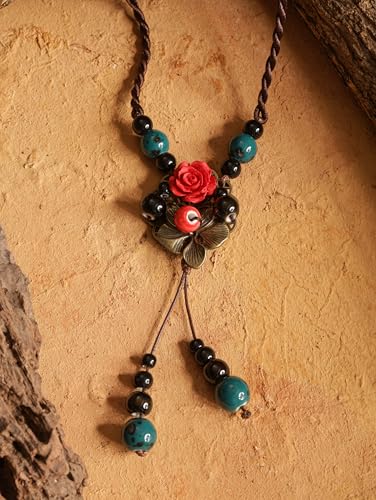 MINACHI Vintage Bohemian Colorful Ceramic Bead Antique Flower Y Necklace, Vintage Boho Hippie Statement Jewelry Gift for Women - color: S09